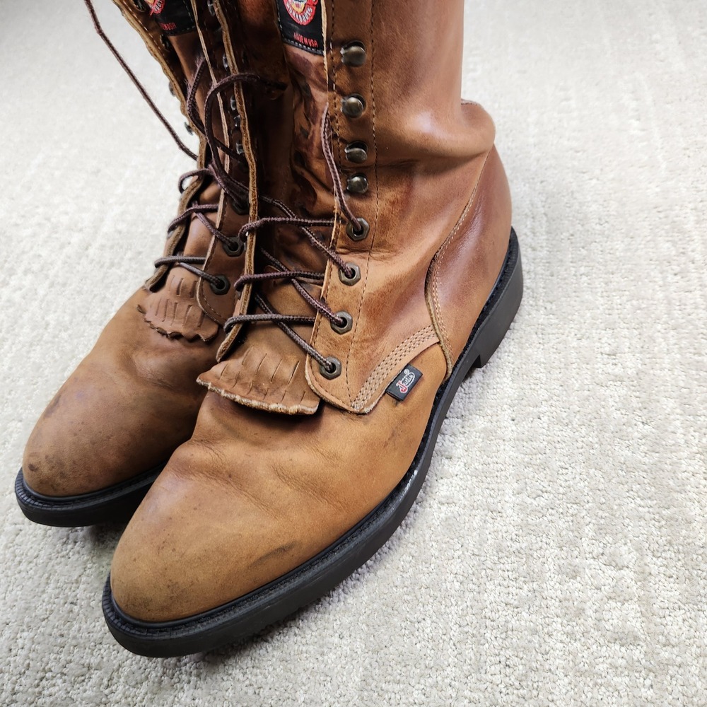 Justin Original Workboots Mens 14 EE Tan Leather Lace Up Kiltie Made in USA 760
